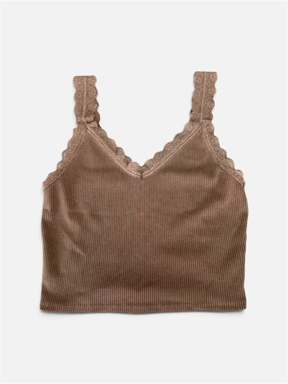American Eagle Outfitters Ribbed Lace-Trim Top in Camel